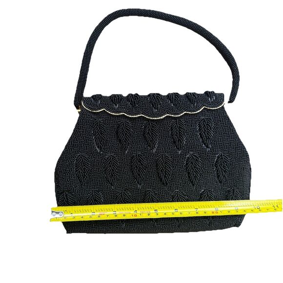 Vintage Ladies Jet Black Beaded Cocktail Handbag Purse Gold Clasp - Picture 4 of 11